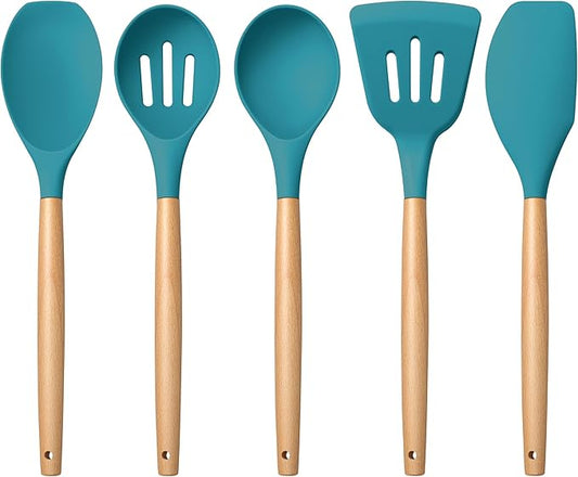 E-far Silicone Cooking Utensils Set, 5-Piece Kitchen Utensils Set with Wooden Handle for Cooking, Silicone Kitchen Nonstick Tools Spatula Turner Slotted Spoons, Nontoxic & Heat Resistant-Blue by E-far