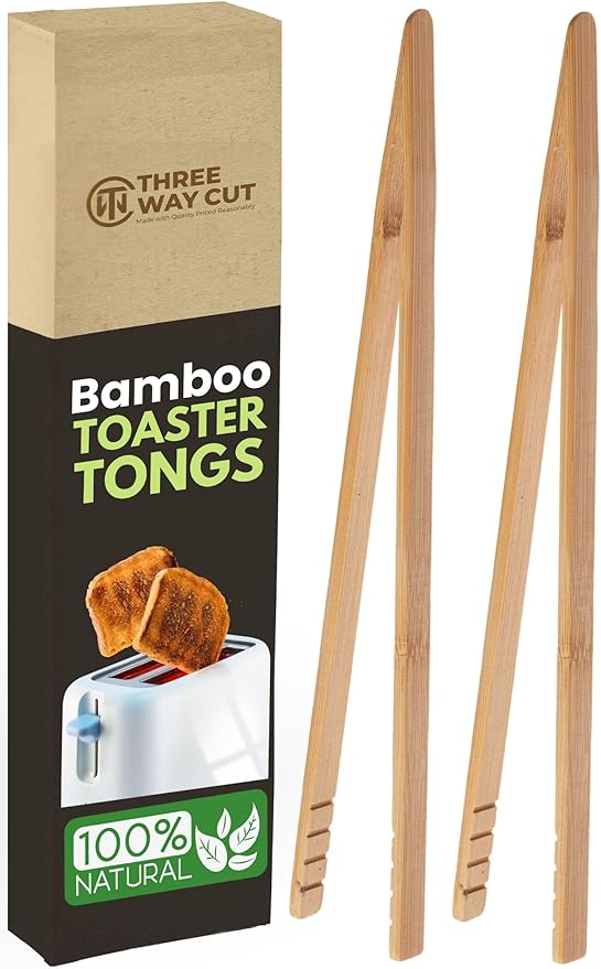 Wooden Toaster Tongs 2 PCs | Bamboo Kitchen Utensils For Cooking & Holding Toast Bacon Muffin Fruits, Pickles, Cheese Bagel Bread Ultra Grip | 9 Inch Long Natural Toxic Free by ThreeWayCut