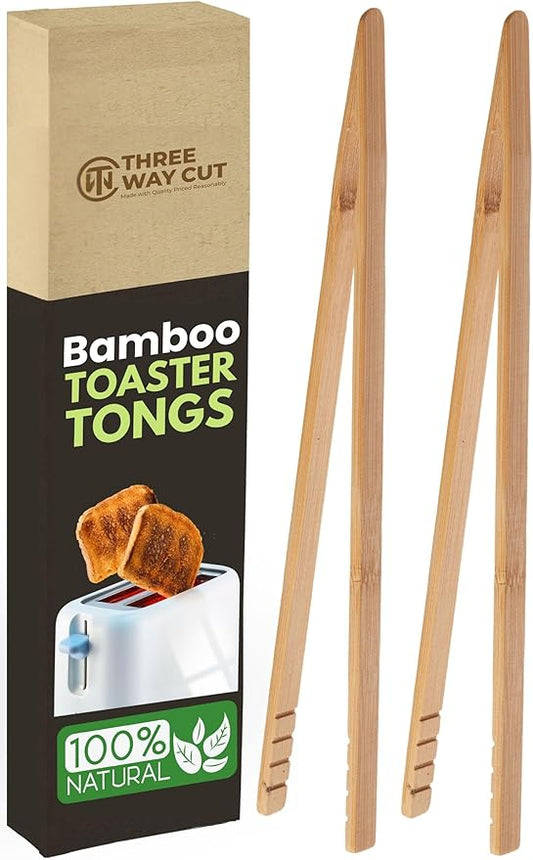 Wooden Toaster Tongs 2 PCs | Bamboo Kitchen Utensils For Cooking & Holding Toast Bacon Muffin Fruits, Pickles, Cheese Bagel Bread Ultra Grip | 9 Inch Long Natural Toxic Free by ThreeWayCut