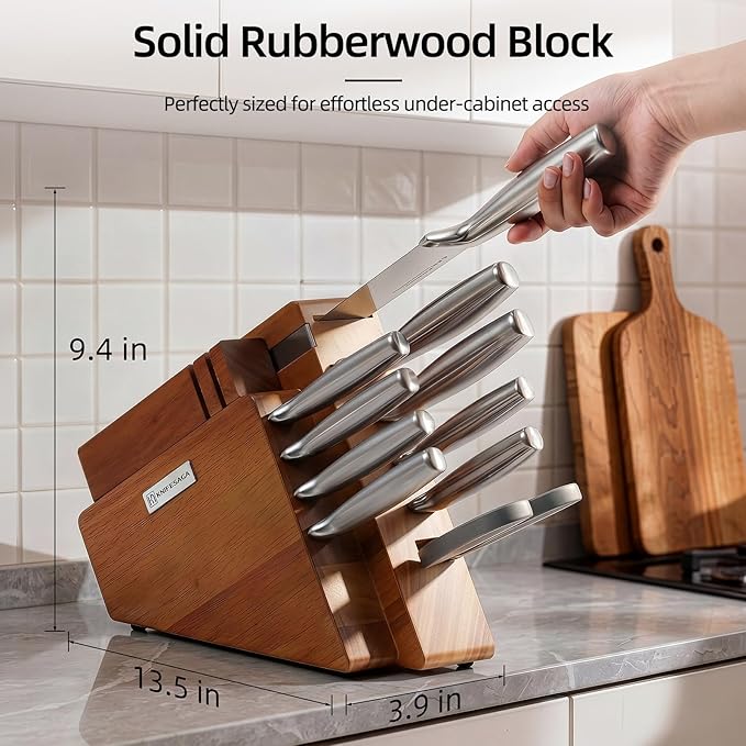 KnifeSaga Kitchen Knife Set with Block and Sharpener | 12-Piece Premium High Carbon Stainless Steel Knife Block Set, Ergonomic Anti-Slip Handle, Rubberwood Knife Block