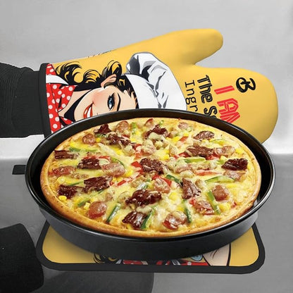 Cute Yellow Retro Chef Humorous Oven Mitts & Pot Holders Set of 3, Heat Resistant Funny Kitchen Gloves and Hot Pads for Cooking Baking Grilling, Gifts for Women Cooking Lovers, Home Decor, Yellow Red