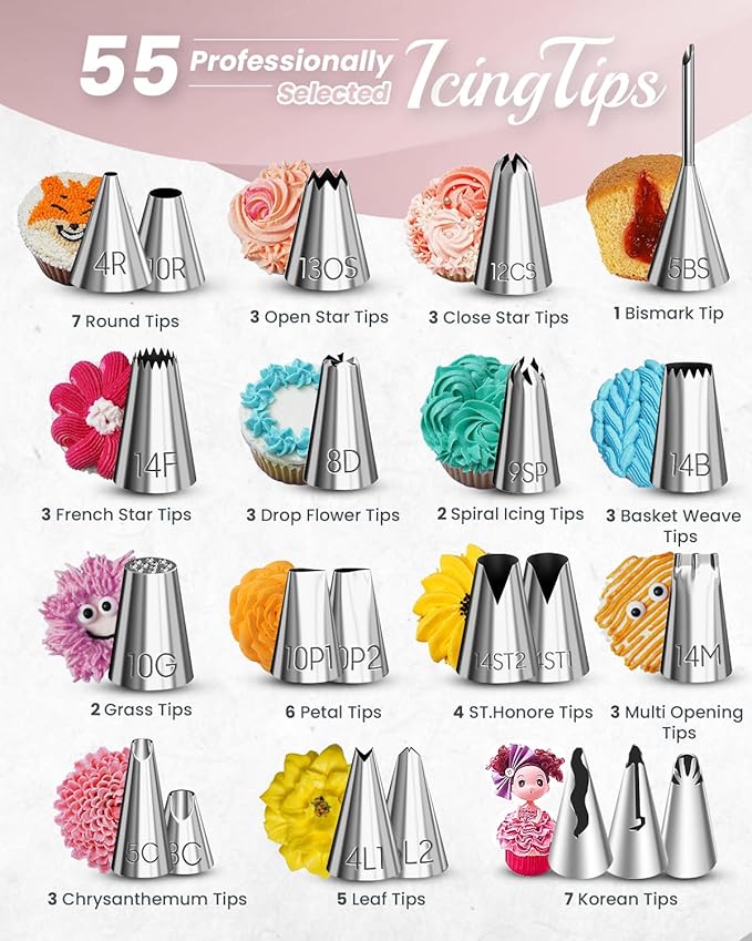 RFAQK 200PCs Cake Decorating Kit with Cake Turntable & Leveler, Baking Supplies Gift Includes 110+1 Piping Bags,55 Icing Tips,2 Frosting Spatulas, Adjustable Scraper, Video Tutorial, Booklet & more - Image 4