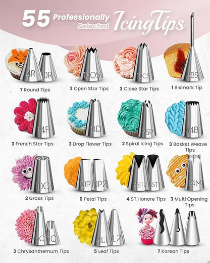 RFAQK 200PCs Cake Decorating Kit with Cake Turntable & Leveler, Baking Supplies Gift Includes 110+1 Piping Bags,55 Icing Tips,2 Frosting Spatulas, Adjustable Scraper, Video Tutorial, Booklet & more - Image 4