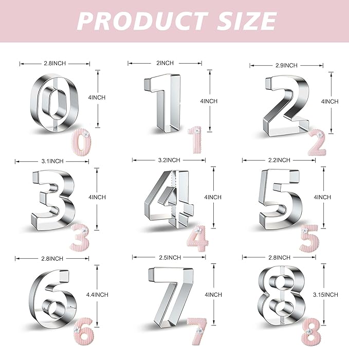 ZADE Number Cookie Cutters 9 Pcs, 4 Inch Stainless Steel Number Cookie Cutters Set, Numbers 0-8 (6 Reverses to 9) Cookie Fondant Dough Kitchen Baking for Birthday Holiday Family Party