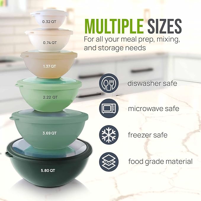 Zulay Kitchen 12 Piece Plastic Mixing Bowls with Leak-Proof Lids Set - Microwave and Freezer Safe Kitchen Mixing Bowls for Preparing, Serving and Storing - Large Nesting Bowls (Forest Ombre) - Image 3