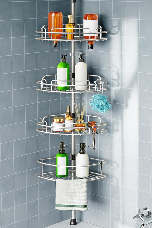 HAMITOR Shower Caddy Tension Pole: 4-Tier Corner Rustproof Bathroom Organizer - No-Drill Adjustable Shower Shelf for Renters - Floor to Ceiling Family Apartment Storage Rack - 47-121 Inch Silver Gray