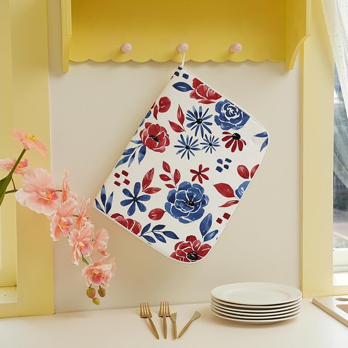 Red Blue Floral Dish Drying Mat 18x24 Inch Vintage 4th of July Drying Mat for Kitchen Counter Absorbent Patriotic Independence Day Memorial Day Flowers Dishes Dry Pad for Drainer Rack Kitchen Fast Dry