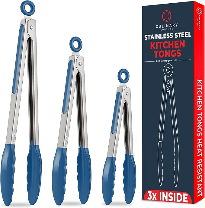 Kitchen Tongs with Silicone Tips Set of 3 Heat Resistant Tongs for Serving Food, 7-Inch, 9-Inch, 12-Inch Locking Silicone Tongs for Cooking, Salad Tong, Blue Kitchen Utensils by CulinaryCouture
