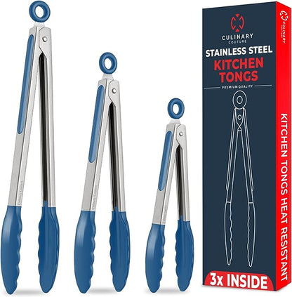Kitchen Tongs with Silicone Tips Set of 3 Heat Resistant Tongs for Serving Food, 7-Inch, 9-Inch, 12-Inch Locking Silicone Tongs for Cooking, Salad Tong, Blue Kitchen Utensils by CulinaryCouture