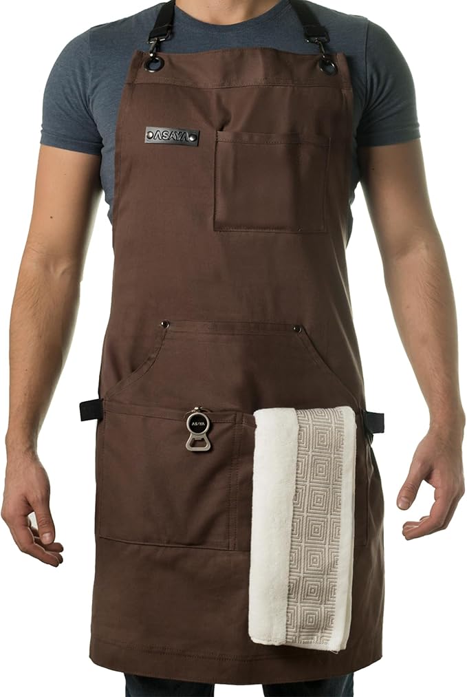 Asaya Chef and BBQ Apron with Bottle Opener and Hand Towel - 10oz Cotton Canvas, Stainless Steel Hardware - Cross Back Straps by AsayaChefProducts