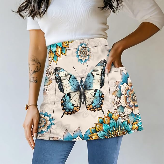 Server Apron with 3 Pockets, Waterproof Oil Waitress Waiter Half Apron for Restaurant Hotel Kitchen Cafe