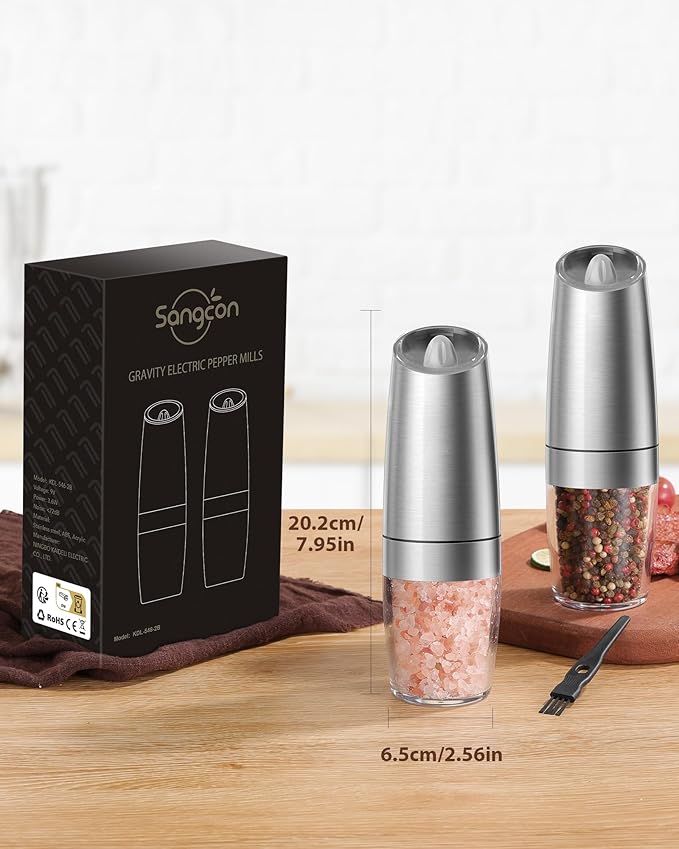 Sangcon Gravity Electric Pepper and Salt Grinder Mill Set Automatic Shakers Grinder with LED Light, Battery Powered Adjustable Coarseness One Hand Operation, Random X or XL Capacity - Image 6