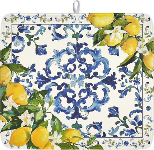 Lemon Dish Drying Mat 18x16 Inch, Blue Tiles Drying Mat with Absorbent Reversible Microfiber, Italian Olive Tree Dish Drainer Mats Summer Rack Pad for Coffee Countertop Kitchen Protector