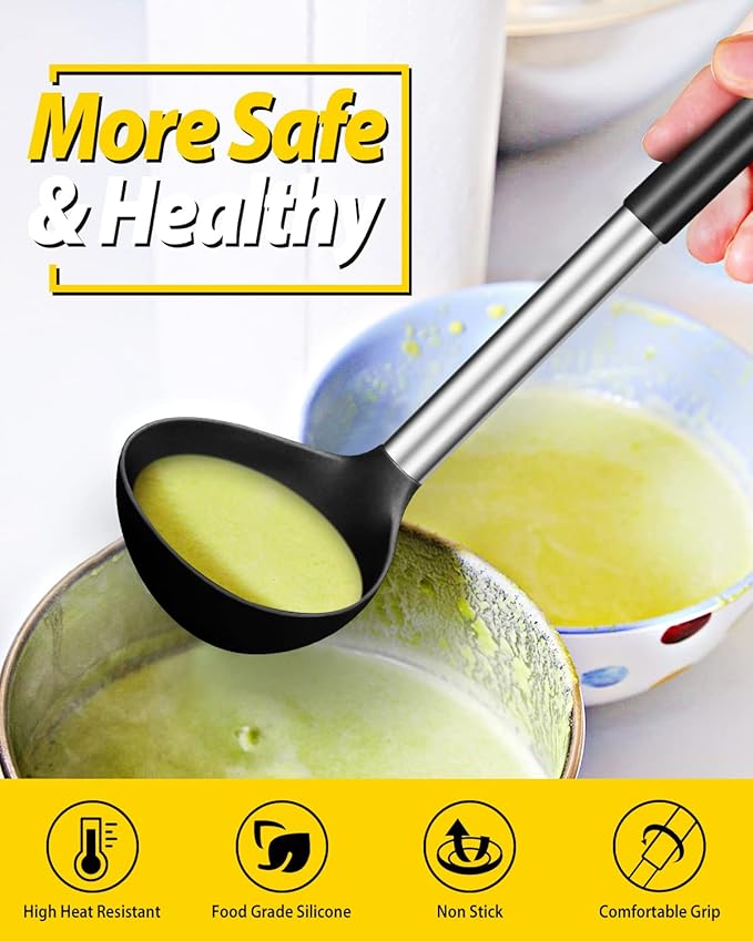 Pack of 2 Ladle Spoon,Silicone Large Spoon for Soup,Non Stick Kitchen Utensils with High Heat Resistant,BPA Free Perfect Kitchen Tools for Cooking, Stirring,Serving Soups (BLACK-WHITE) - Image 4