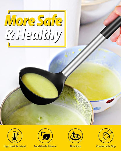 Pack of 2 Ladle Spoon,Silicone Large Spoon for Soup,Non Stick Kitchen Utensils with High Heat Resistant,BPA Free Perfect Kitchen Tools for Cooking, Stirring,Serving Soups (BLACK-WHITE) - Image 4