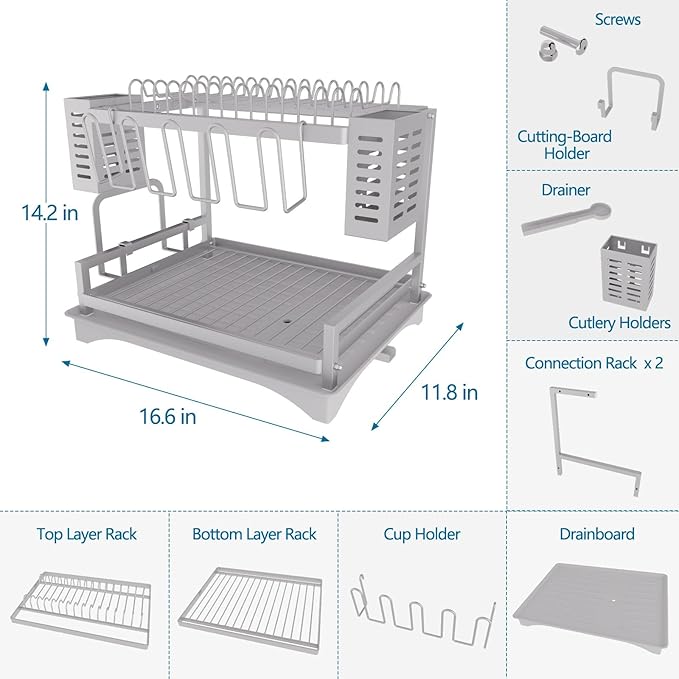 B-Land Dish Drying Rack: 2 Tier Dish Racks for Kitchen Counter - Large Rust Proof Dish Drying Rack with Aluminum - Detachable Dish Drainer Organizer with Utensil Holders Drainboard Silver - Image 4