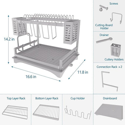 B-Land Dish Drying Rack: 2 Tier Dish Racks for Kitchen Counter - Large Rust Proof Dish Drying Rack with Aluminum - Detachable Dish Drainer Organizer with Utensil Holders Drainboard Silver - Image 4