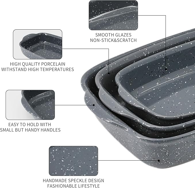 Ceramic Bakeware Dish Set of 3, Rectangular Baking Casserole for Oven,High Heat Resistant,Lasagna Pan Deep with Handles,Handcraft Speckle Series (13.8''/12''/9.6''Grey) - Image 4
