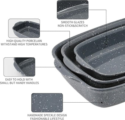 Ceramic Bakeware Dish Set of 3, Rectangular Baking Casserole for Oven,High Heat Resistant,Lasagna Pan Deep with Handles,Handcraft Speckle Series (13.8''/12''/9.6''Grey) - Image 4
