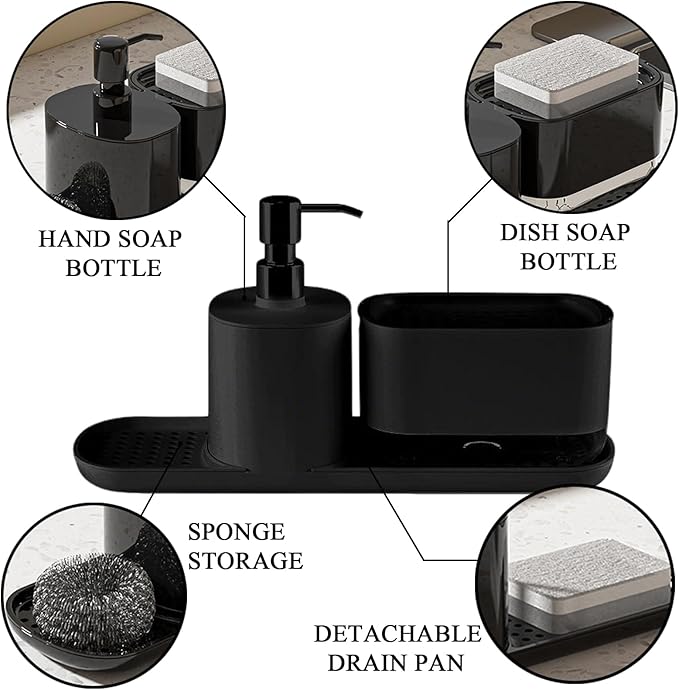 Kitchen Soap Dispenser Set with Tray, 4-in-1 Dual Hand and Dish Soap Dispenser with Sponge Holder for Kitchen Sink, Practical Kitchen Gadgets (Black)