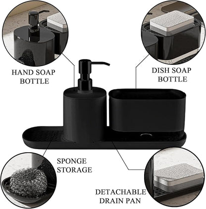 Kitchen Soap Dispenser Set with Tray, 4-in-1 Dual Hand and Dish Soap Dispenser with Sponge Holder for Kitchen Sink, Practical Kitchen Gadgets (Black)