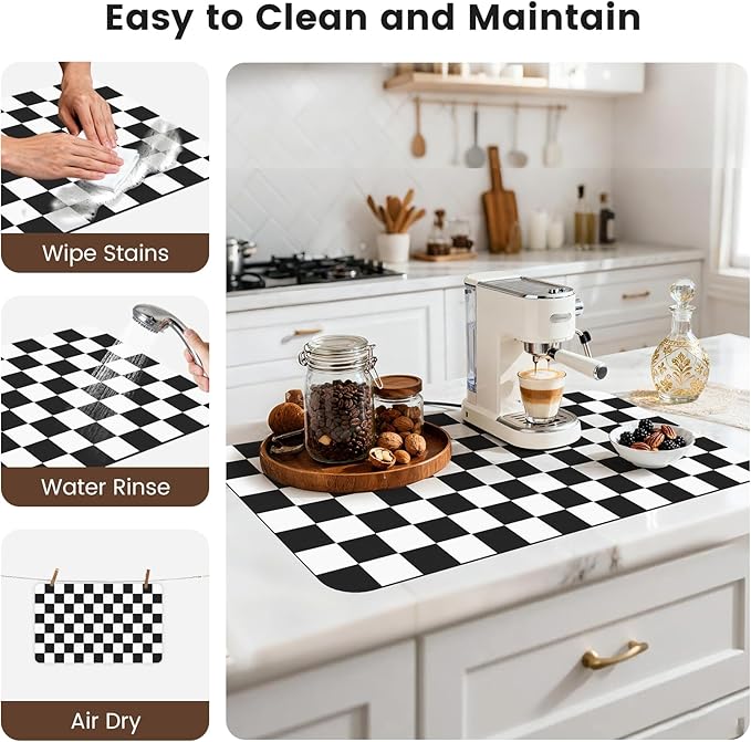 17" x 32" Checkered Dish Drying Mat for Kitchen Counter, Absorbent Coffee Bar Mat for Espresso Machine Coffee Countertops Accessories, Black - Image 7