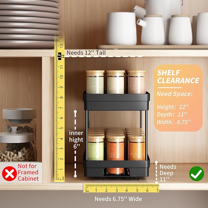 Pull Out Spice Rack Organizer for Cabinet, 2 Pack Widen Slide Out Spice Racks Organizer, Spice Cabinet Organizers, Cabinet Size Need:12'' Highx11'' Deepx6.75'' Wide,Hold 15 Spice Jar Each Tier-2Tier - Image 3