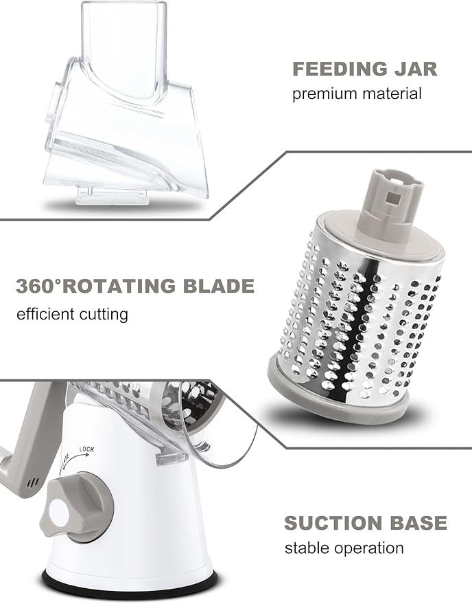 Cheese Grater Rotary, Rotary Grater for Kitchen, Kitchen Grater Vegetable Slicer with 3 Drum Blades, Fast Cutting Cheese Shredder for Vegetables and Nuts - Image 6