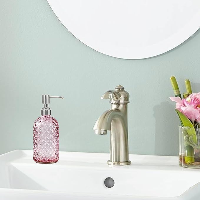 16 oz Soap Dispenser with 304 Rustproof Stainless Steel Pump, Kitchen, Bathroom Refillable Glass Liquid Soap Dispenser for Hand Soap, Soap, Lotion. (Pink) - Image 2