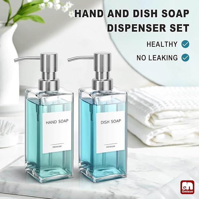 GMISUN Glass Soap Dispenser with Stainless Steel Pump, Clear Hand Soap Dispenser for Bathroom, 12 fl oz/350ml Hand and Dish Soap Dispensers Set for Kitchen, Refillable Liquid Soap and Lotion Bottle - Image 5