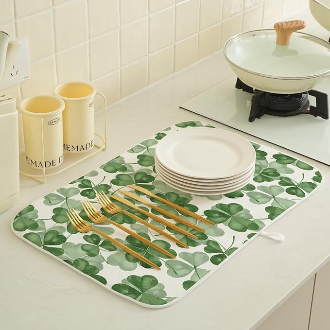 St Patricks Day Dish Drying Mat 18 x 24 inch Dark Green Clover Print Decorative Drying Mats Microfiber Absorbent Shamrock Dish Washable Draining Mat for Kitchen Counter Decor