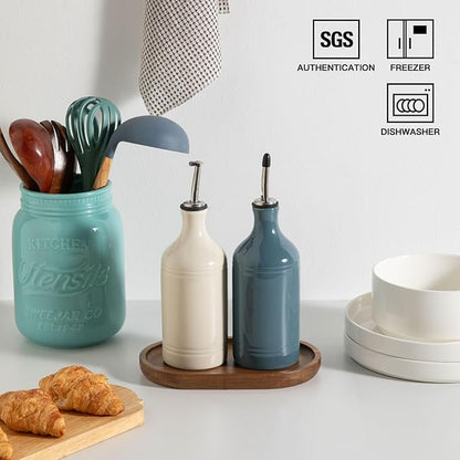 Sweejar Ceramic Olive Oil Dispenser Bottle Set, Opaque Oil Cruet Protects to Reduce Oxidation, Suitable For Storage Of Vinegar, Soy Sauce & Other Liquids,Pack of 2,15.5 Fl Oz (Beige Fogblue) - Image 4