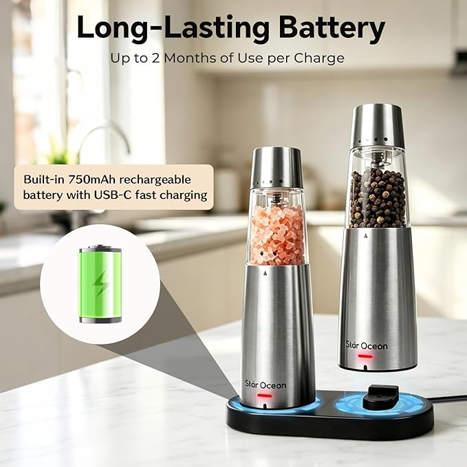 StarOcean Electric Salt and Pepper Grinder Set, Automatic Gravity Grinder with Rechargeable Base, 5 Adjustable Coarseness, Leak-Proof & Mess-Free, USB-C Charging, Stainless Steel