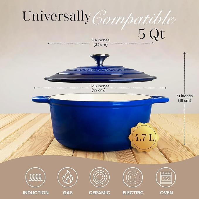 Cast Iron Pot with Lid – Non-Stick Ovenproof Enamelled Casserole Pot, Oven Safe up to 500° F – Sturdy Dutch Oven Cookware – Dark Blue, 5-Quart, 24cm – by Nuovva - Image 2