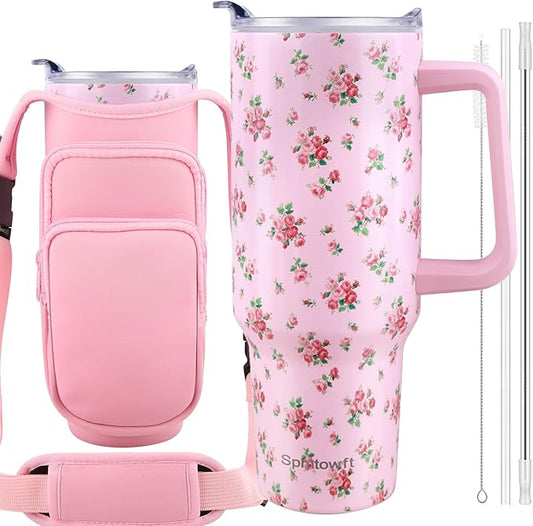 40oz Stainless Steel Double Vacuum Tumbler with Handle, Straw Lid, Carrier Bag, Purse Pouch Phone Pocket, Gym Water Bottle Travel Mug and Sleeve Holder for Men Women (Pink Rose)