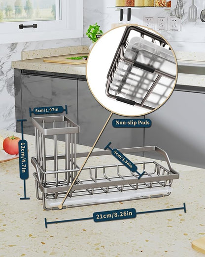 Consumest Sponge Holder for Kitchen Sink, Sink Caddy Organizer with Removable Drip Tray, Countertop Dish Soap Holder and Brush Holder, 304 Stainless Steel - Sand Nickel - Image 7