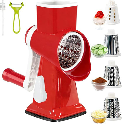 Rotary Cheese Grater with Handle, Multifunctional Kitchen tool, Stainless Steel Rotary Grater Slicer for Fruit, Vegetables, Nuts (Red)