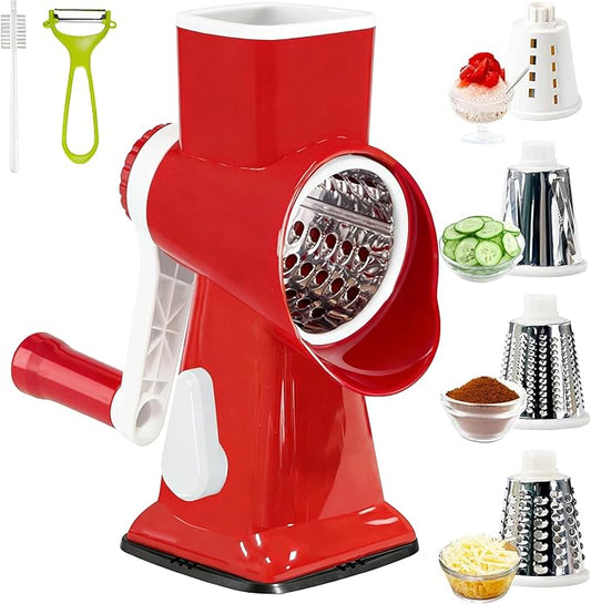 Rotary Cheese Grater with Handle, Multifunctional Kitchen tool, Stainless Steel Rotary Grater Slicer for Fruit, Vegetables, Nuts (Red)