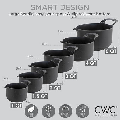 COOK WITH COLOR Nesting Plastic Mixing Bowl Set with Pour Spouts and Handles, Black Speckled, 6 Piece Non-Slip - Image 5