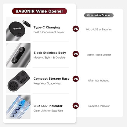 6-in-1 Electric Wine Opener Gift Set, BABONIR Stainless Steel USB-C Rechargeable Automatic Wine Bottle Opener, Foil Cutter, Vacuum Stopper, Wine Aerator Pourer, Bottle Opener Wine Gifts for Women