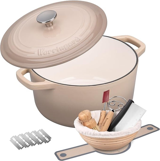 VORRINGARD Enameled Cast Iron Dutch Oven Pot with Lid, for Bread Baking, Round Bread Oven- include Sourdough Bread Baking Supplies Set, 6QT, Latte by Unknown