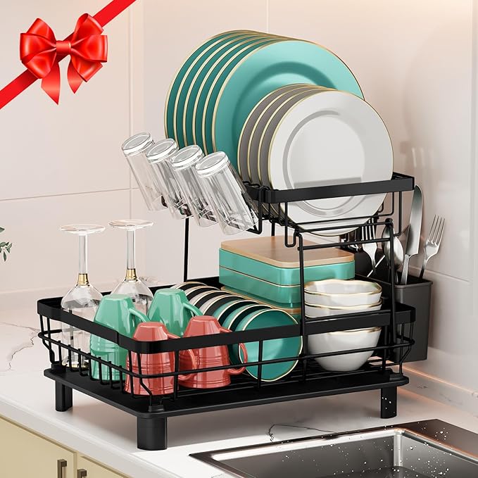 MOUKABAL Dish Drying Rack, Dish Rack, Stainless Steel Dish Racks for Kitchen Counter, Dish Drainer with Removable Utensil Holder, Drainboard (Black,2 Tier,13''W x 17''L) - Image 3