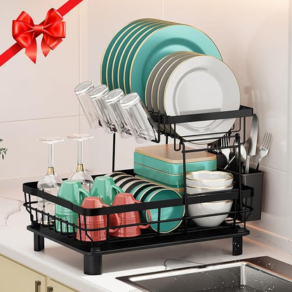 MOUKABAL Dish Drying Rack, Dish Rack, Stainless Steel Dish Racks for Kitchen Counter, Dish Drainer with Removable Utensil Holder, Drainboard (Black,2 Tier,13''W x 17''L) - Image 3