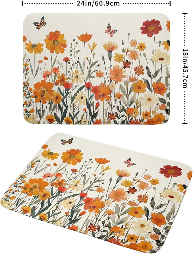 Fall Orange Wildflower Dish Drying Mat for Kitchen Counter,Autumn Floral Butterflies Drying Mat 18 x 24 Inch with Absorbent Reversible Microfiber Dish Drying Pad Dish Pad for Coffee Bar - Image 2