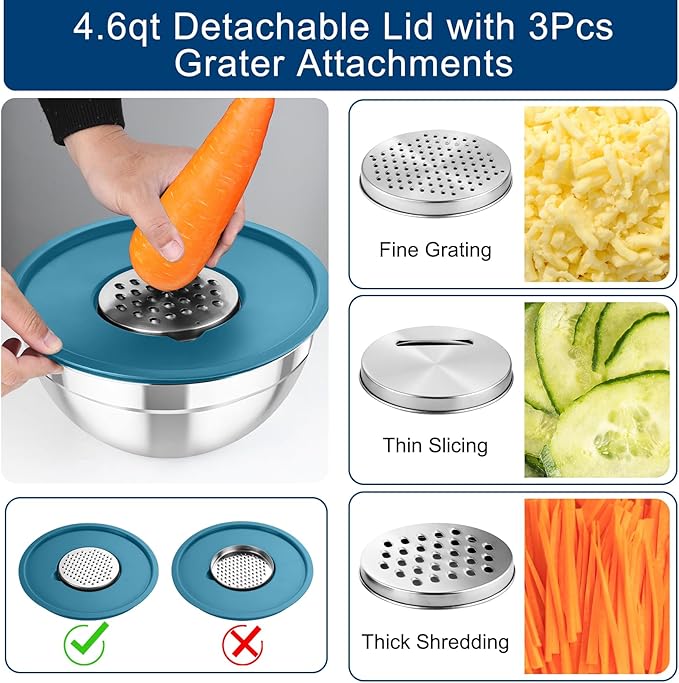 TeamFar Mixing Bowls with Lids, 5PCS Stainless Steel Metal Salad Bowl with 3 Grater Attachments, for Cooking, Prepping, Serving, Healthy, Airtight Lids & Easy Clean - 0.7/1 / 1.5/2.6/4.6QT - Image 4