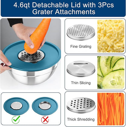 TeamFar Mixing Bowls with Lids, 5PCS Stainless Steel Metal Salad Bowl with 3 Grater Attachments, for Cooking, Prepping, Serving, Healthy, Airtight Lids & Easy Clean - 0.7/1 / 1.5/2.6/4.6QT - Image 4