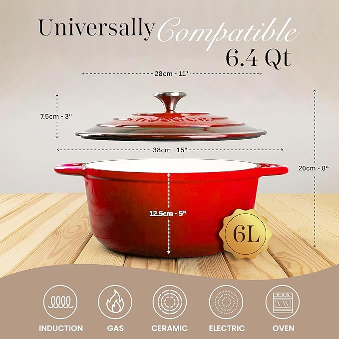Nuovva Enamelled Cast Iron Dutch Oven Pot with Lid – 6.4 Quart Non Stick Casserole Pot – Heavy Duty & Oven Safe up to 500° F for Bread Baking, Braising, Stews, Roasting – 28cm Red - Image 2