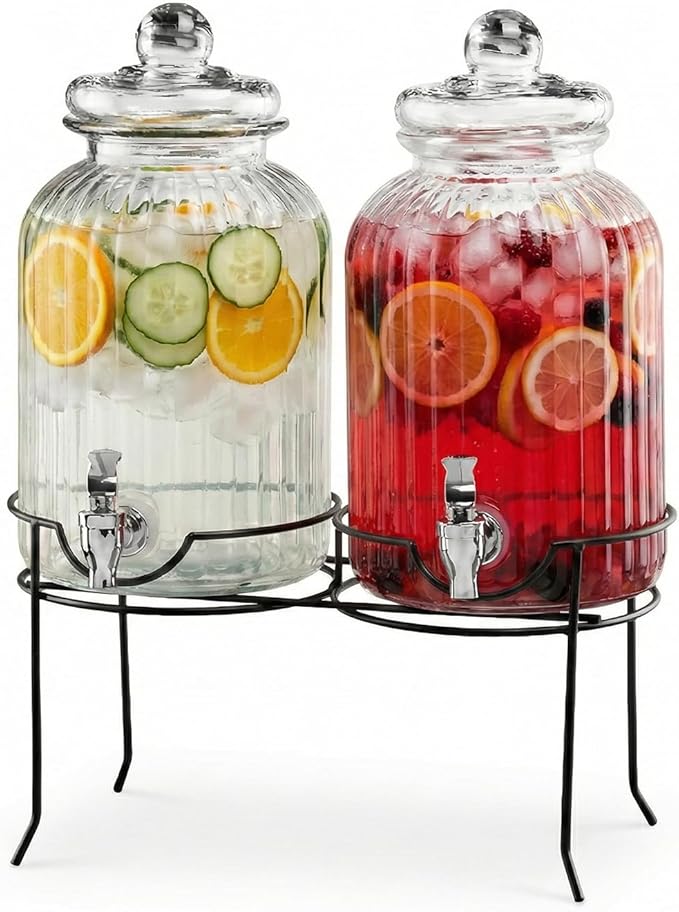 Style Setter Canyon Glass Beverage Dispenser with Stand Set of 2-1.3 Gallon Drink Dispenser with Stand & Spigot - Leak-Proof Lemonade Dispenser - Punch Dispenser for Parties, Weddings, Birthdays
