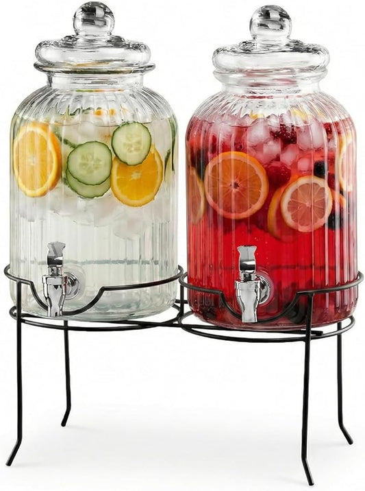 Style Setter Canyon Glass Beverage Dispenser with Stand Set of 2-1.3 Gallon Drink Dispenser with Stand & Spigot - Leak-Proof Lemonade Dispenser - Punch Dispenser for Parties, Weddings, Birthdays