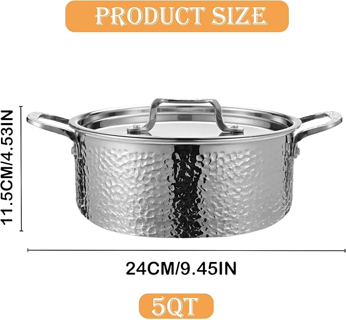 Vivicreate Tri Ply Stainless Steel Stock Pot with Lid 5 Quart Hammered Stockpot Induction Cooking Pot Soup Pot Compatible with All Stovetops (5QT) - Image 7